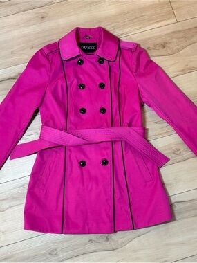 GUESS Hot Pink Double Breasted Belted Trench Coat Black Piping Size Small NWOT